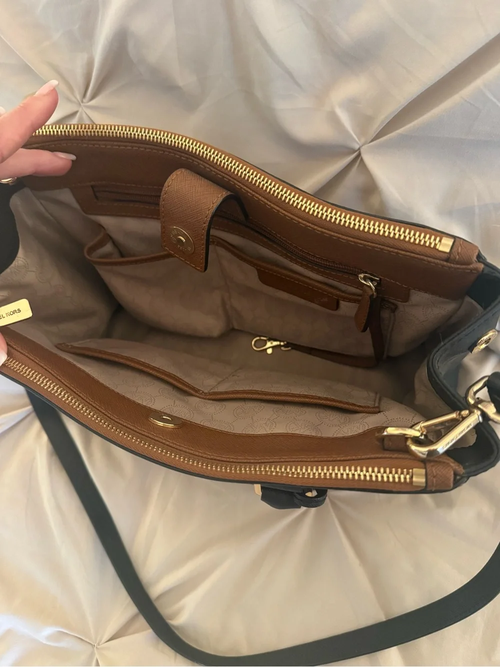 MICHAEL KORS Brown and Black Saffiano Leather Satchel with Gold Hardware